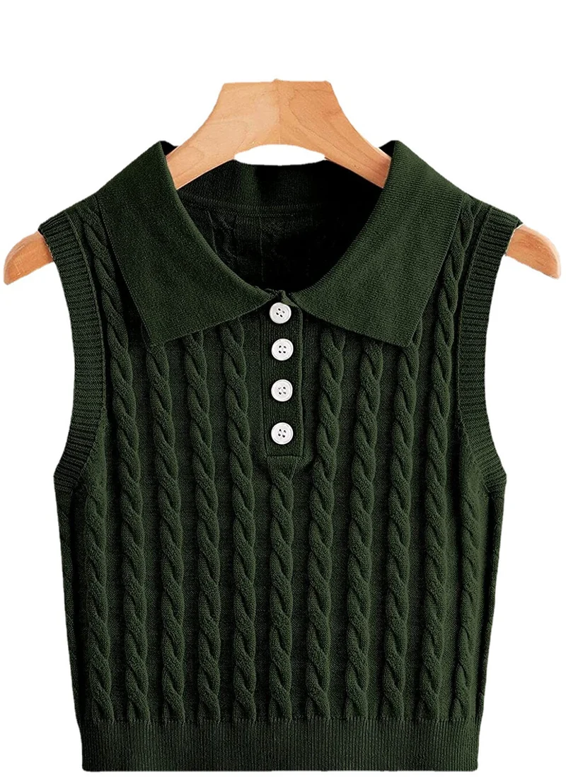 Damen Feinstrick-Ärmellose Polo-Weste mit Zopfmuster und tailliertem Schnitt Nord Taschen