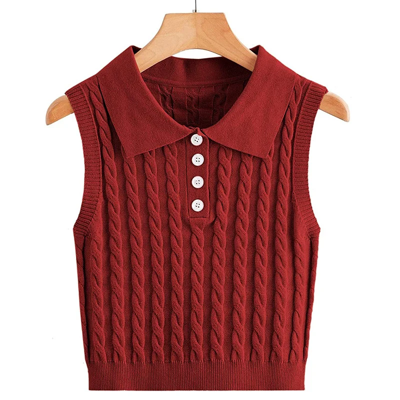 Damen Feinstrick-Ärmellose Polo-Weste mit Zopfmuster und tailliertem Schnitt Nord Taschen