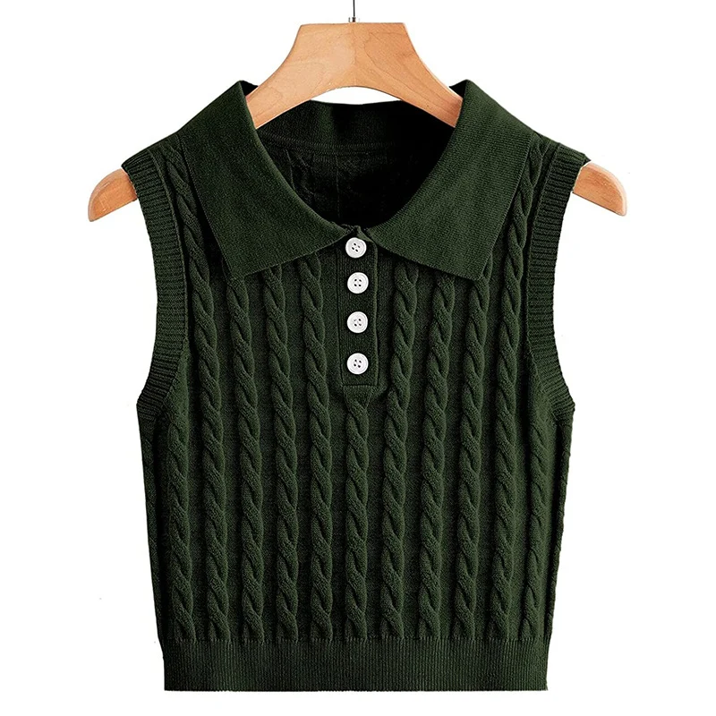 Damen Feinstrick-Ärmellose Polo-Weste mit Zopfmuster und tailliertem Schnitt Nord Taschen