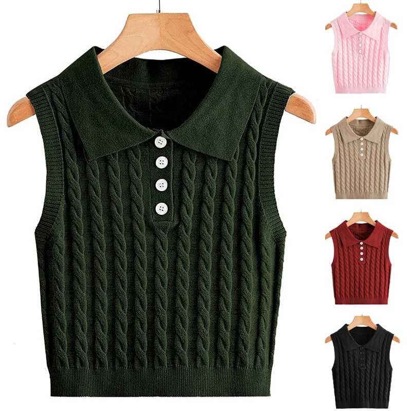 Damen Ärmellose Strickweste mit Polokragen und Zopfmuster Nord Taschen