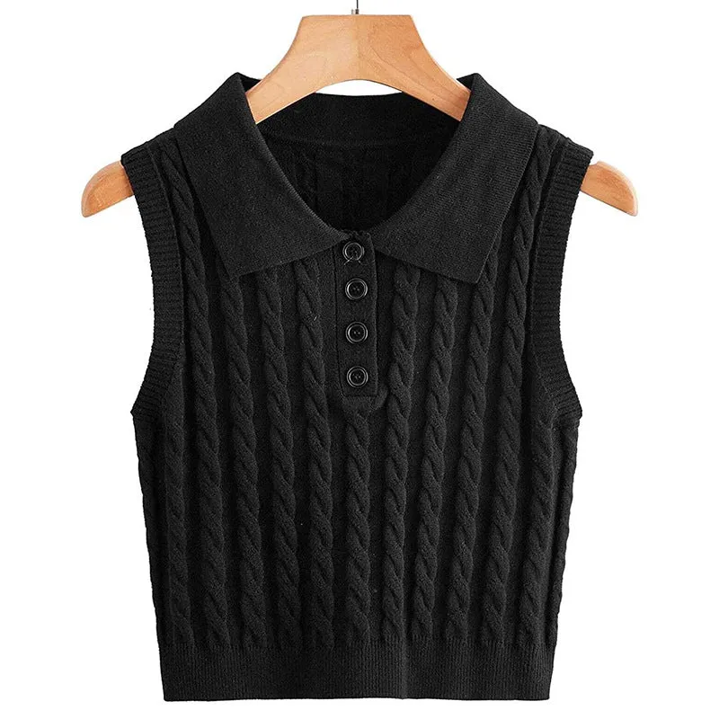 Damen Ärmellose Strickweste mit Polokragen und Zopfmuster Nord Taschen