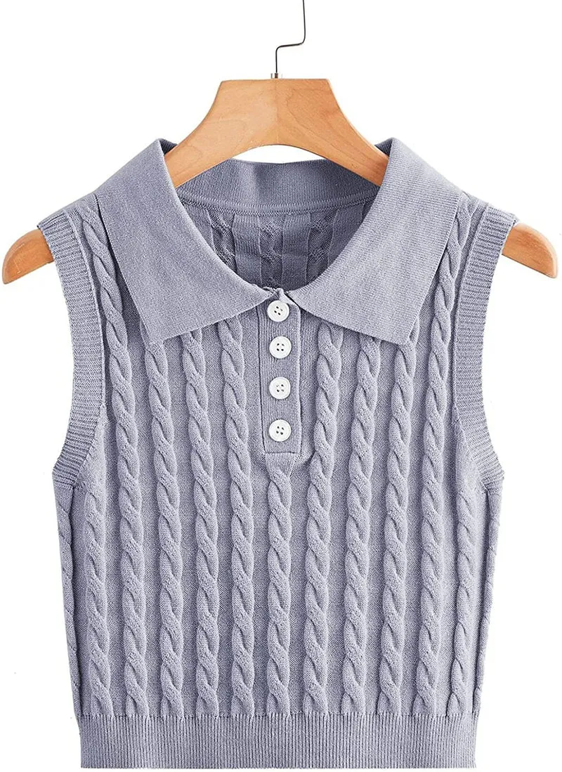 Damen Ärmellose Strickweste mit Polokragen und Zopfmuster Nord Taschen
