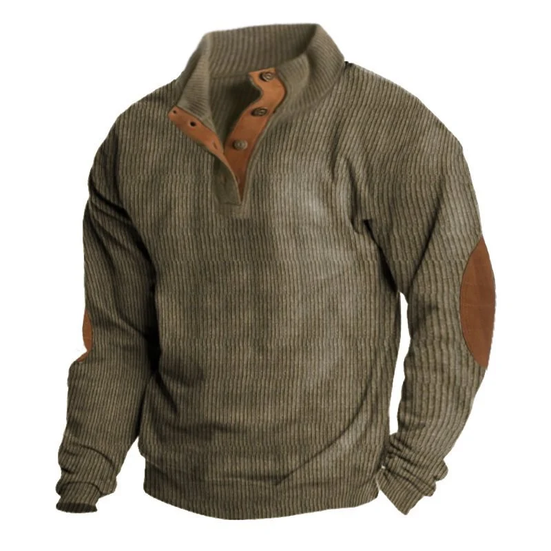 Herren Strukturierter Pullover mit Henley-Knopfleiste, Ellbogen-Patches und zweifarbigem Block Nord Taschen