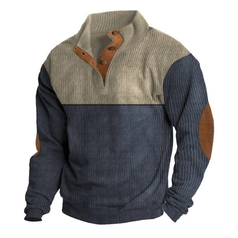 Herren Strukturierter Pullover mit Henley-Knopfleiste, Ellbogen-Patches und zweifarbigem Block Nord Taschen