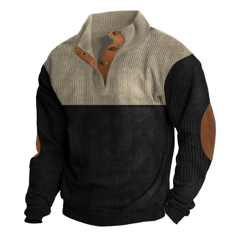 Herren Strukturierter Pullover mit Henley-Knopfleiste, Ellbogen-Patches und zweifarbigem Block Nord Taschen