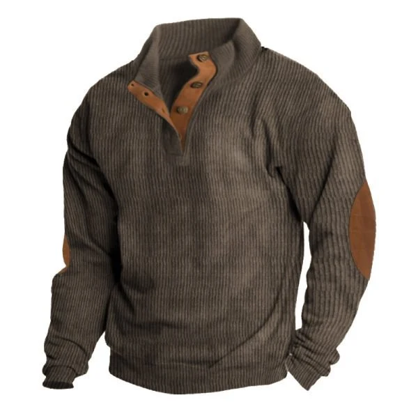 Herren Strukturierter Pullover mit Henley-Knopfleiste, Ellbogen-Patches und zweifarbigem Block Nord Taschen