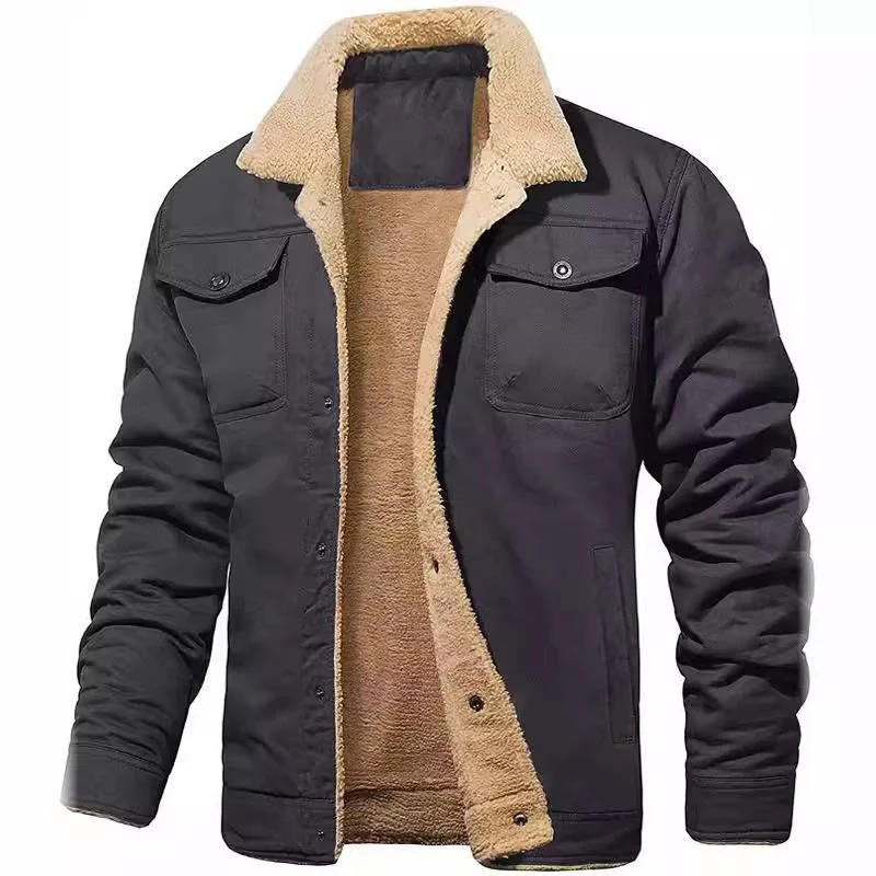 Herren Sherpa-gefütterte Canvas-Truckerjacke mit Teddyfell-Innenfutter und Hemdkragen Nord Taschen