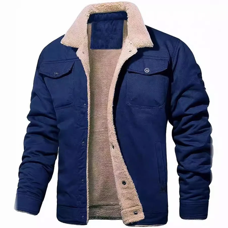 Herren Sherpa-gefütterte Canvas-Truckerjacke mit Teddyfell-Innenfutter und Hemdkragen Nord Taschen