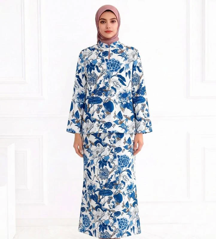 Damen Zweiteiliges Modest-Set aus Tunika mit Stehkragen und geradem Maxirock mit Blumenprint Nord Taschen