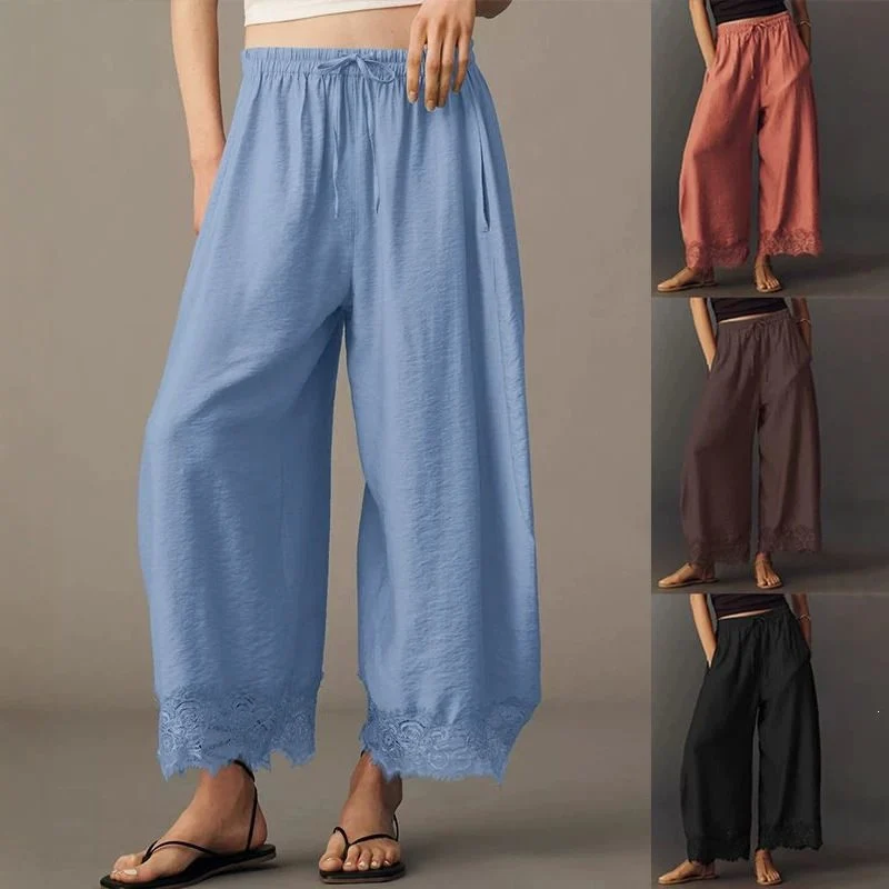 Damen Weite Palazzo-Hose mit elastischem Tunnelzugbund und Spitzenbesatz Nord Taschen