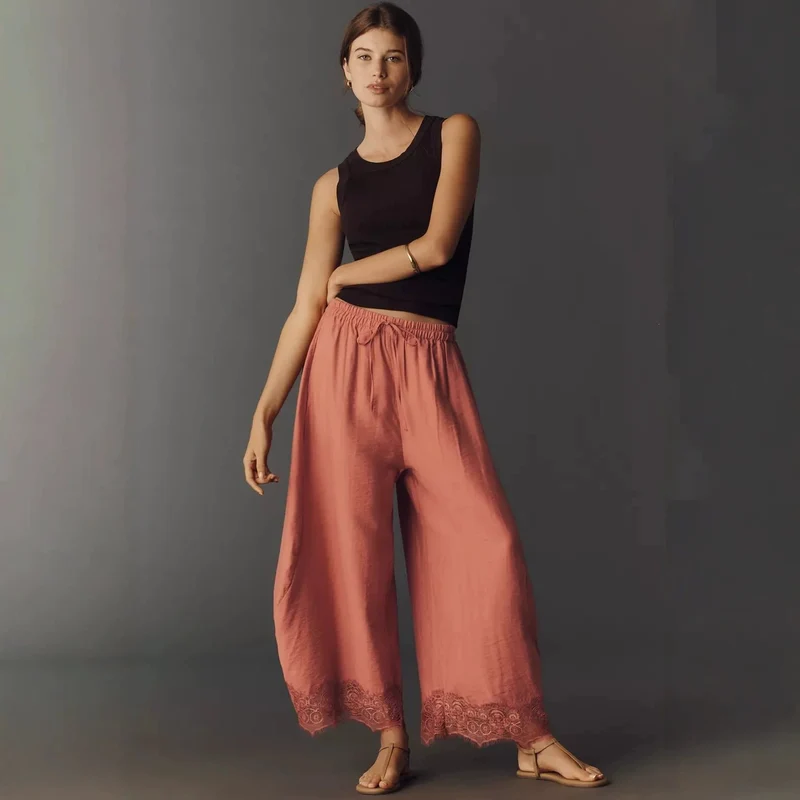 Damen Weite Palazzo-Hose mit elastischem Tunnelzugbund und Spitzenbesatz Nord Taschen