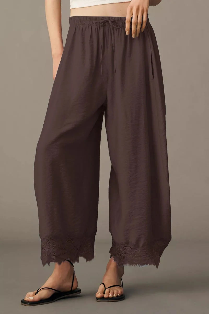 Damen Weite Palazzo-Hose mit elastischem Tunnelzugbund und Spitzenbesatz Nord Taschen