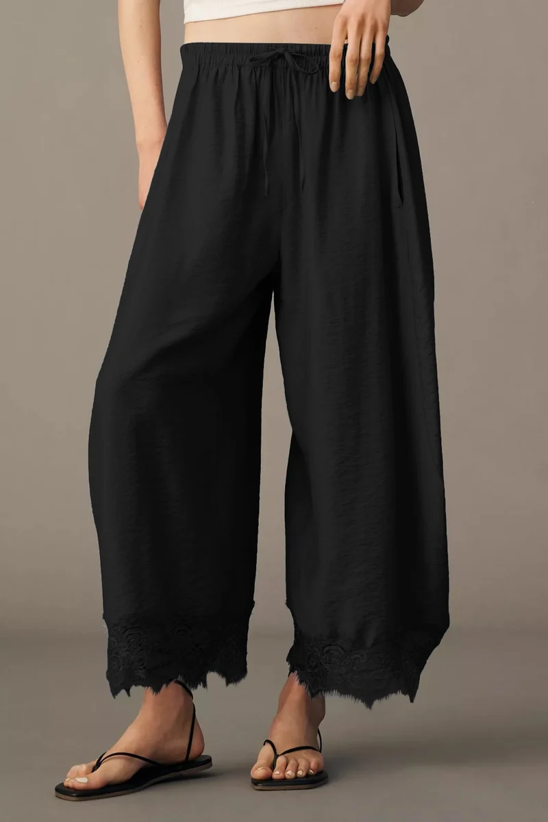 Damen Weite Palazzo-Hose mit elastischem Tunnelzugbund und Spitzenbesatz Nord Taschen