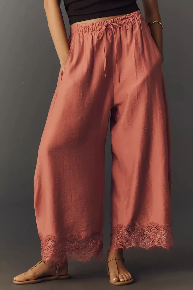 Damen Weite Palazzo-Hose mit elastischem Tunnelzugbund und Spitzenbesatz Nord Taschen