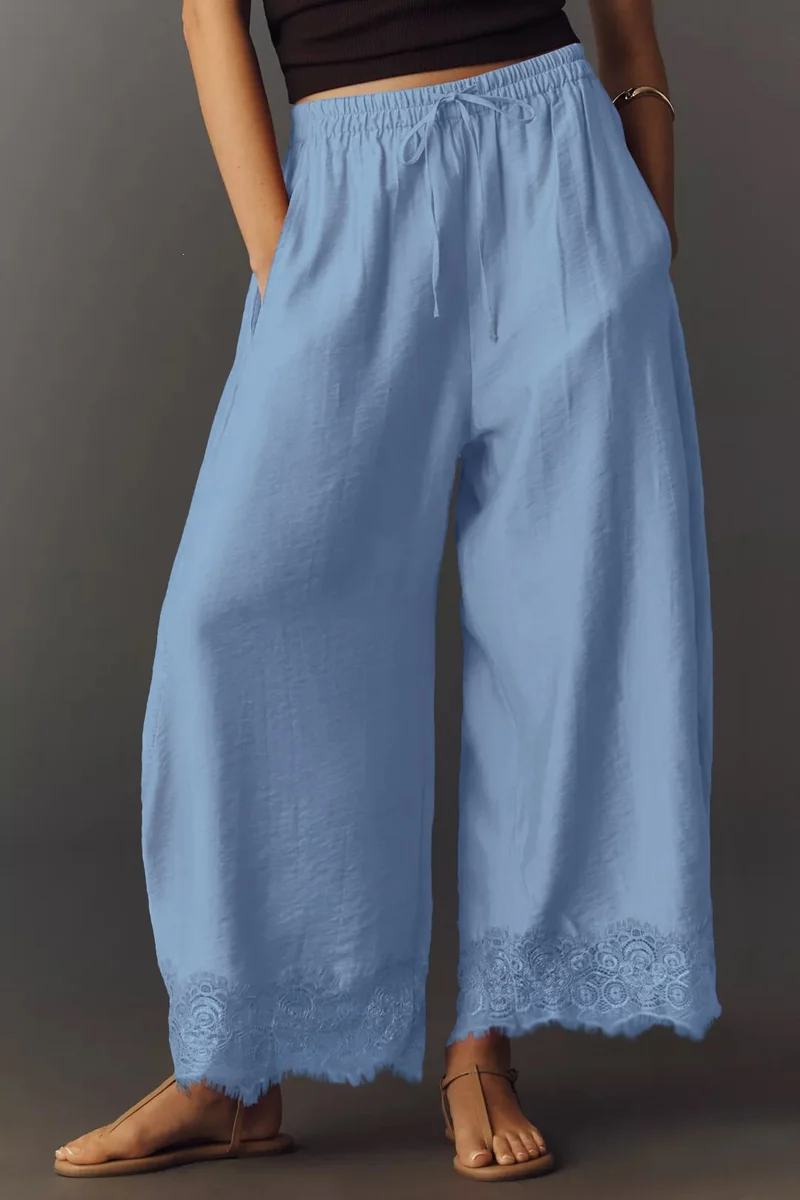 Damen Weite Palazzo-Hose mit elastischem Tunnelzugbund und Spitzenbesatz Nord Taschen