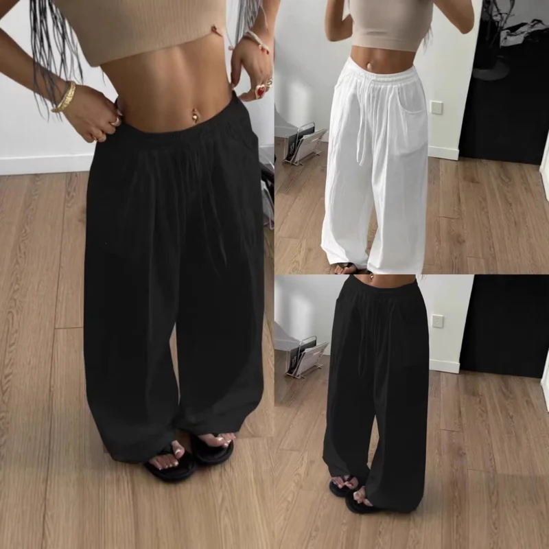 Damen Weite Leinenmix-Hose mit hohem Elastikbund, Kordelzug und Seitentaschen Nord Taschen
