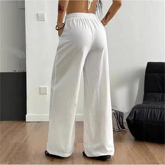 Damen Weite Leinenmix-Hose mit hohem Elastikbund, Kordelzug und Seitentaschen Nord Taschen