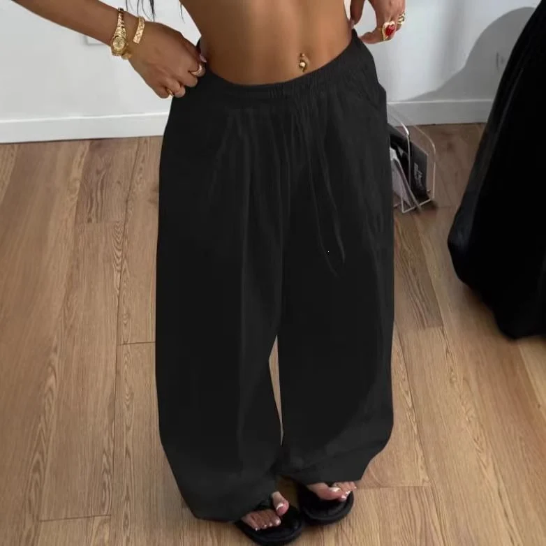 Damen Weite Leinenmix-Hose mit hohem Elastikbund, Kordelzug und Seitentaschen Nord Taschen