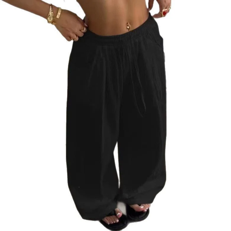 Damen Weite Leinenmix-Hose mit hohem Elastikbund, Kordelzug und Seitentaschen Nord Taschen