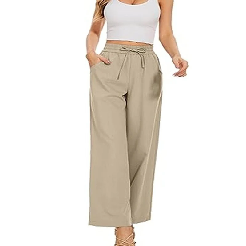 Damen Weite Leinenhose mit hohem elastischem Bund, Kordelzug und Eingrifftaschen Nord Taschen