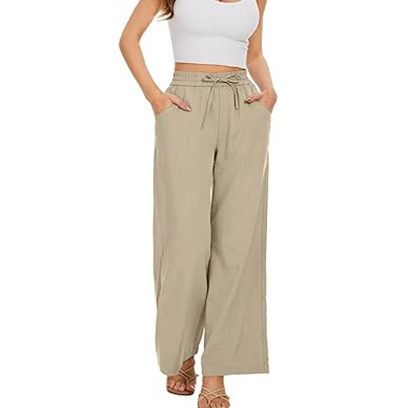 Damen Weite Leinenhose mit hohem elastischem Bund, Kordelzug und Eingrifftaschen Nord Taschen