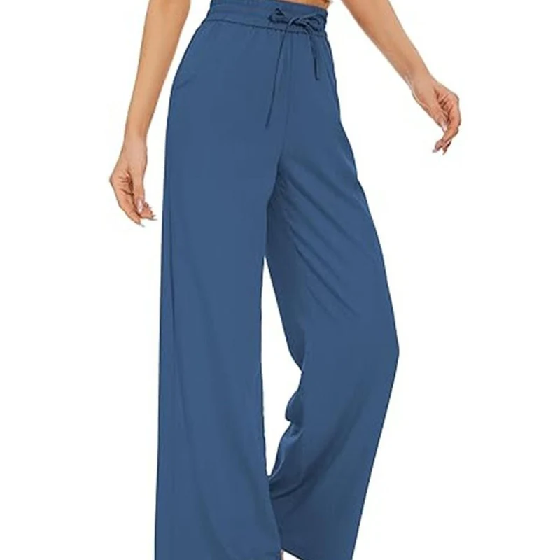 Damen Weite Leinenhose mit hohem elastischem Bund, Kordelzug und Eingrifftaschen Nord Taschen