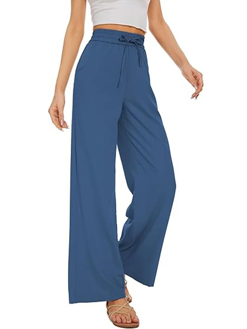 Damen Weite Leinenhose mit hohem elastischem Bund, Kordelzug und Eingrifftaschen Nord Taschen