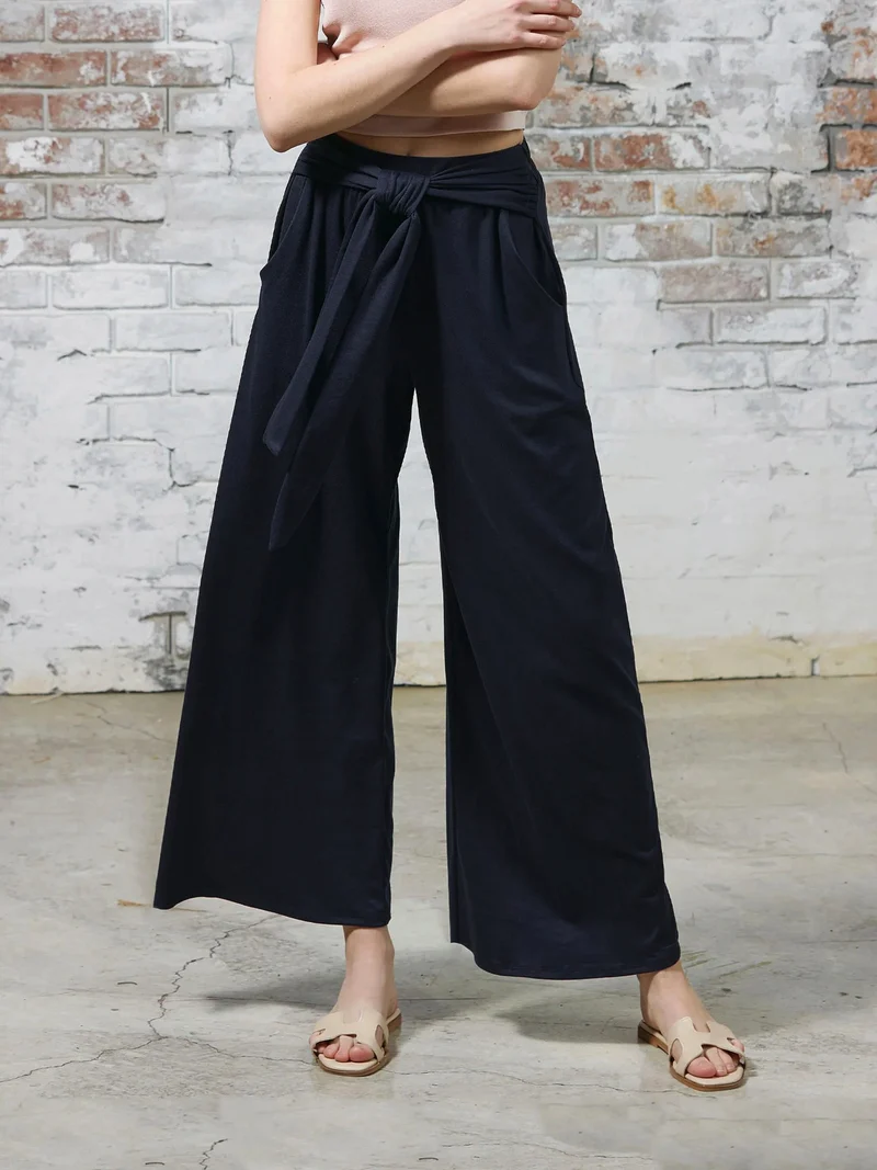 Damen Weite Jersey-Hose mit hohem Bund und Bindegürtel Nord Taschen