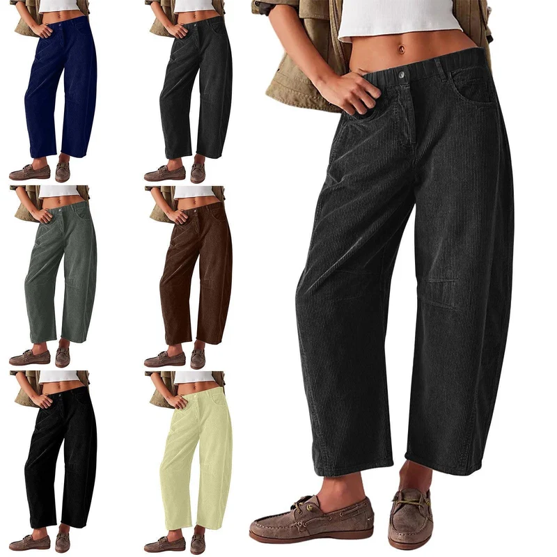 Damen Weite Cordhose mit hoher Taille, Cropped-Bein und Eingriffstaschen Nord Taschen