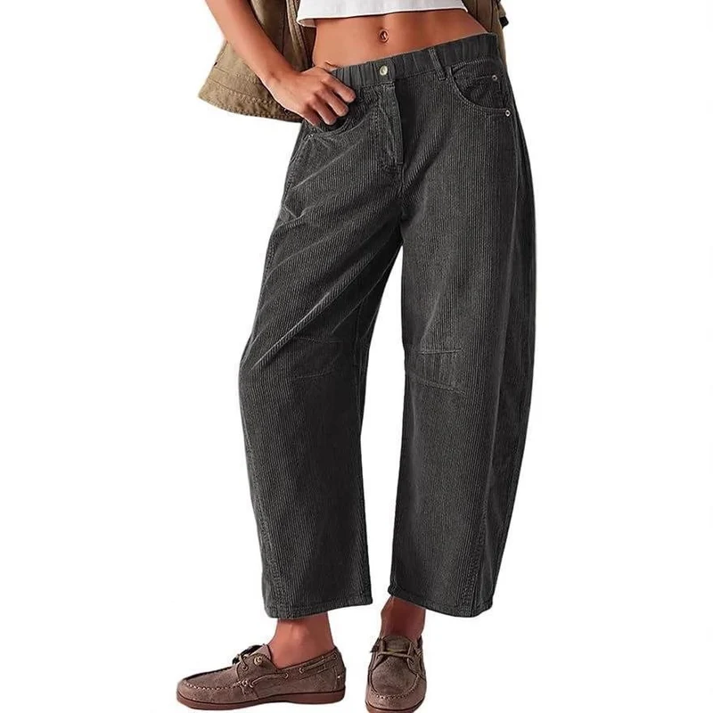 Damen Weite Cordhose mit hoher Taille, Cropped-Bein und Eingriffstaschen Nord Taschen