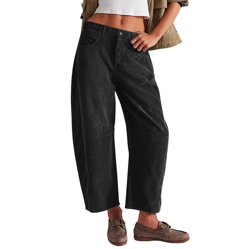Damen Weite Cordhose mit hoher Taille, Cropped-Bein und Eingriffstaschen Nord Taschen
