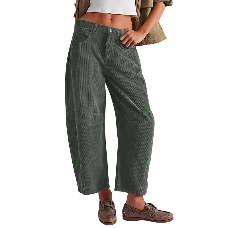 Damen Weite Cordhose mit hoher Taille, Cropped-Bein und Eingriffstaschen Nord Taschen