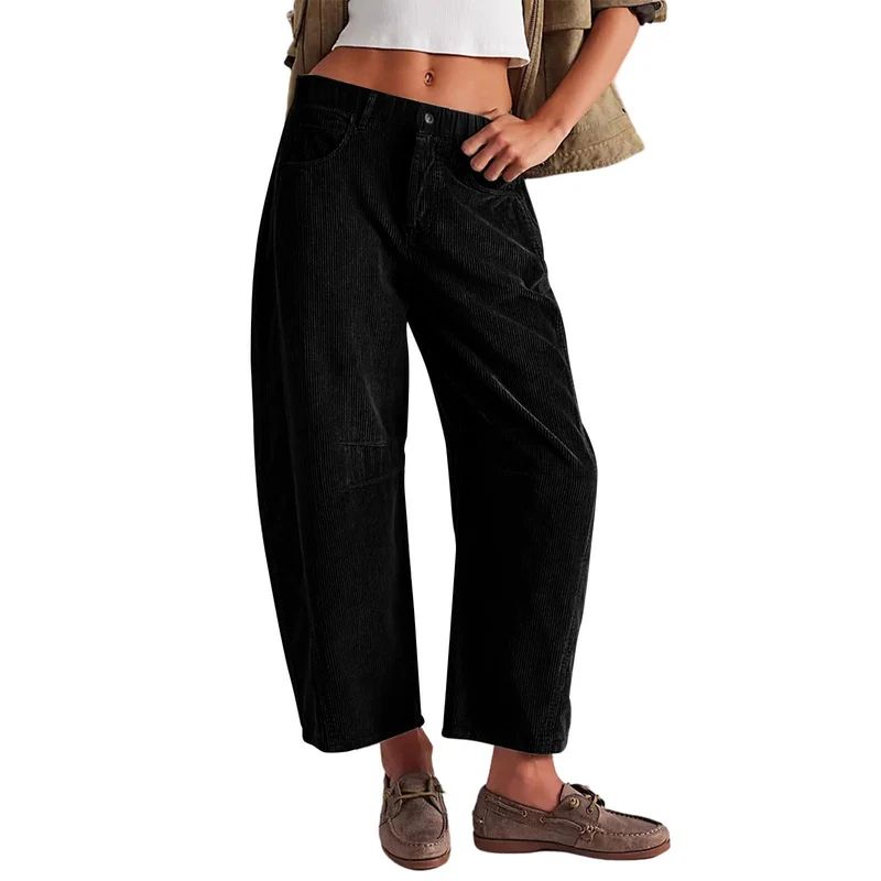 Damen Weite Cordhose mit hoher Taille, Cropped-Bein und Eingriffstaschen Nord Taschen