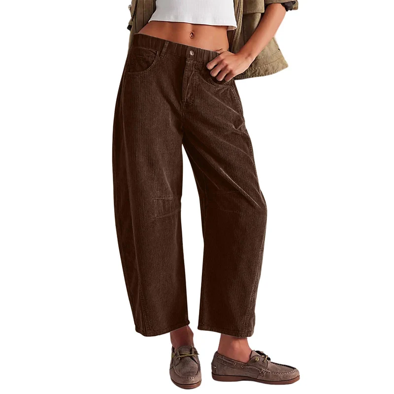 Damen Weite Cordhose mit hoher Taille, Cropped-Bein und Eingriffstaschen Nord Taschen