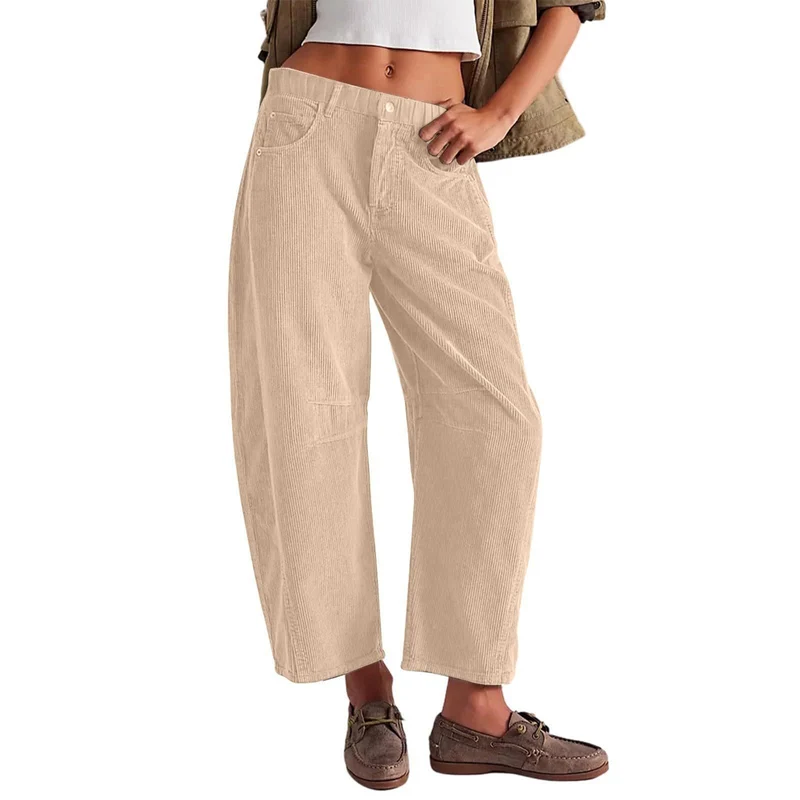 Damen Weite Cordhose mit hoher Taille, Cropped-Bein und Eingriffstaschen Nord Taschen