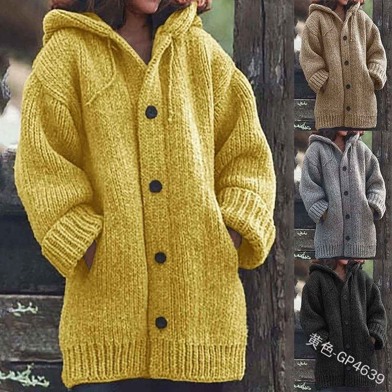Damen weit geschnittener Kapuzen-Strickmantel mit Knopfleiste und Eingrifftaschen Nord Taschen