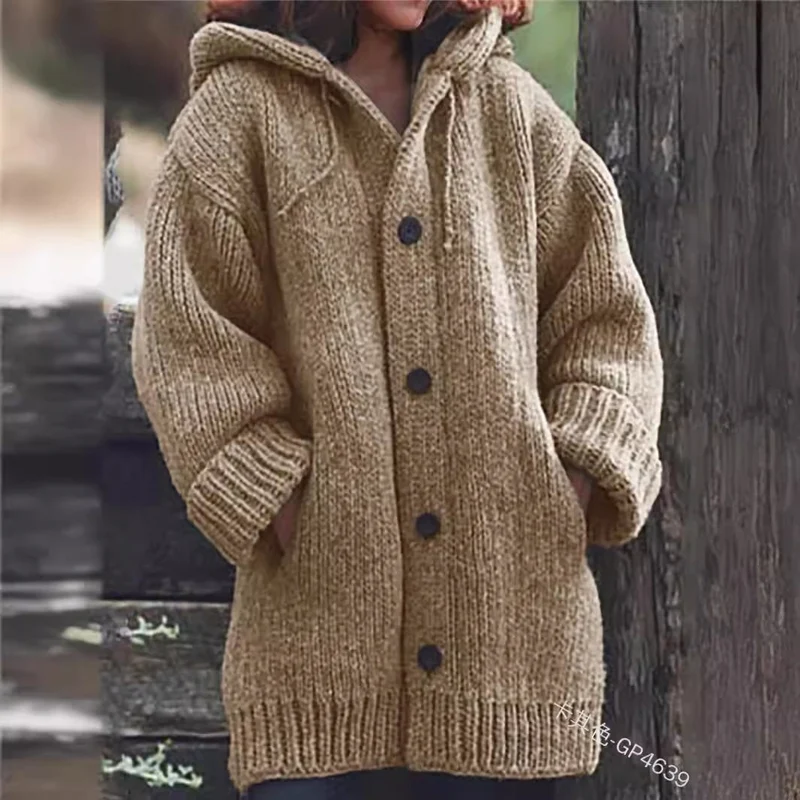 Damen weit geschnittener Kapuzen-Strickmantel mit Knopfleiste und Eingrifftaschen Nord Taschen