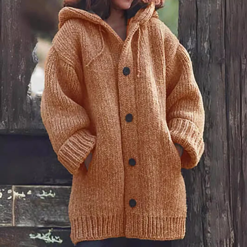 Damen weit geschnittener Kapuzen-Strickmantel mit Knopfleiste und Eingrifftaschen Nord Taschen