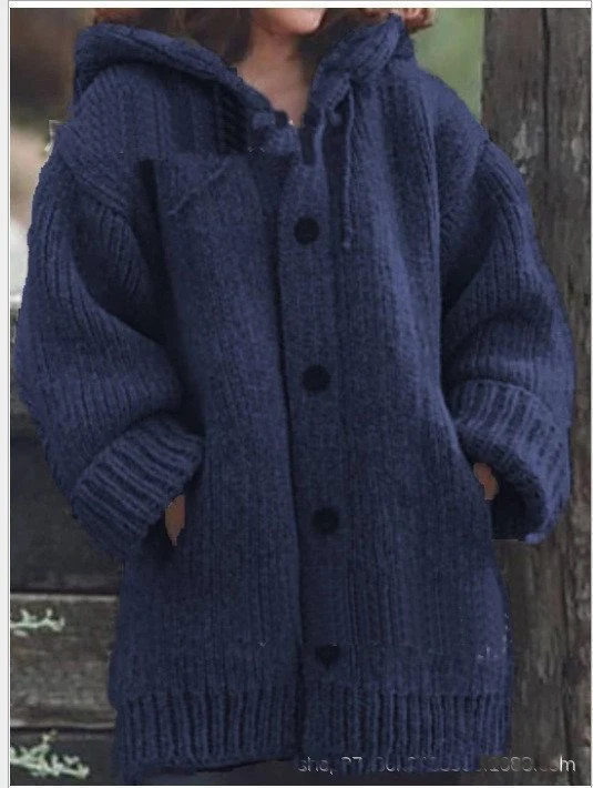 Damen weit geschnittener Kapuzen-Strickmantel mit Knopfleiste und Eingrifftaschen Nord Taschen