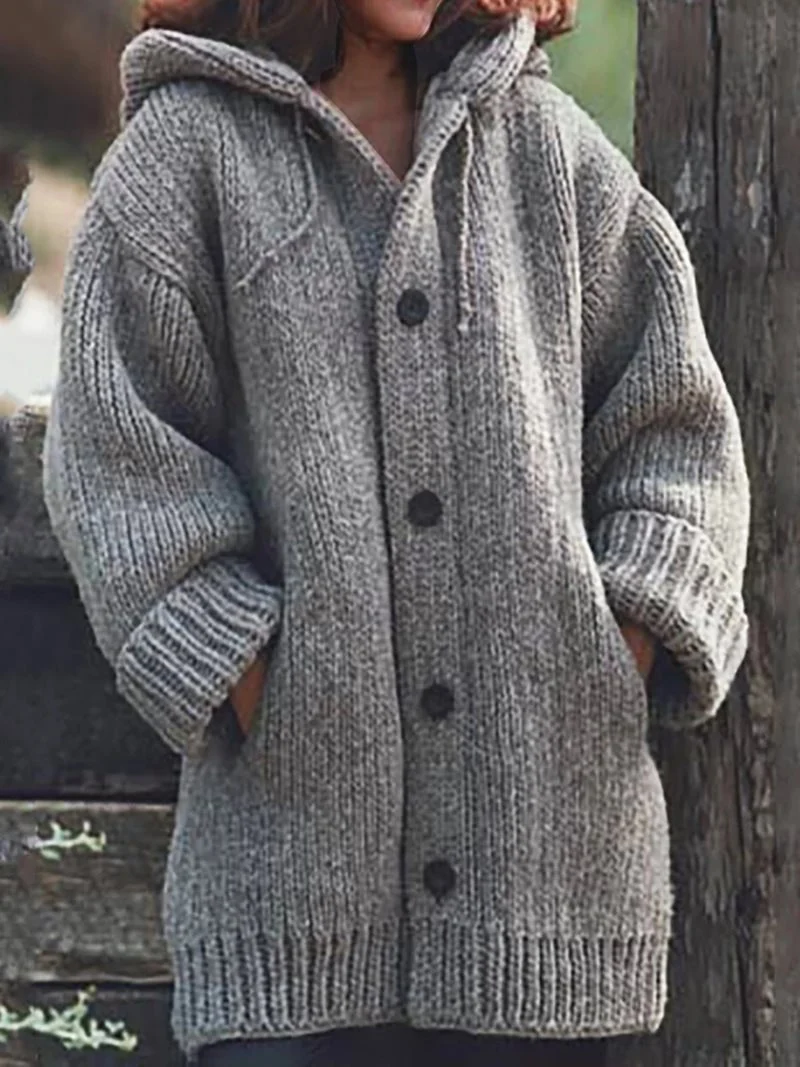 Damen weit geschnittener Kapuzen-Strickmantel mit Knopfleiste und Eingrifftaschen Nord Taschen