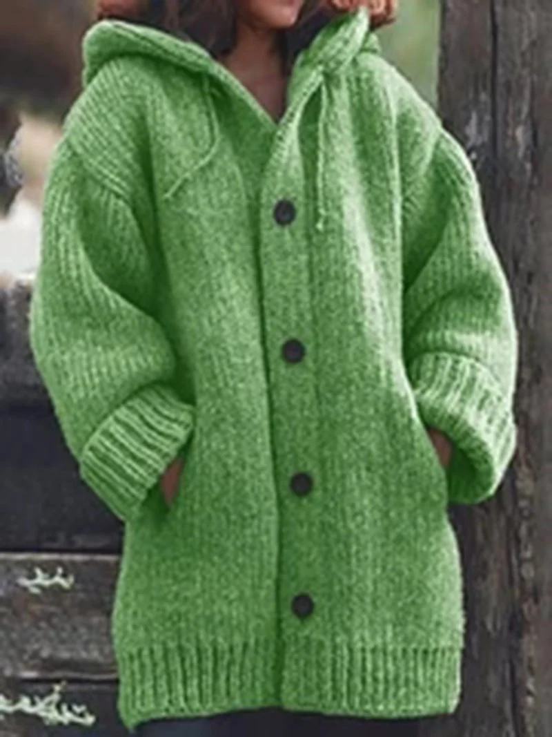 Damen weit geschnittener Kapuzen-Strickmantel mit Knopfleiste und Eingrifftaschen Nord Taschen