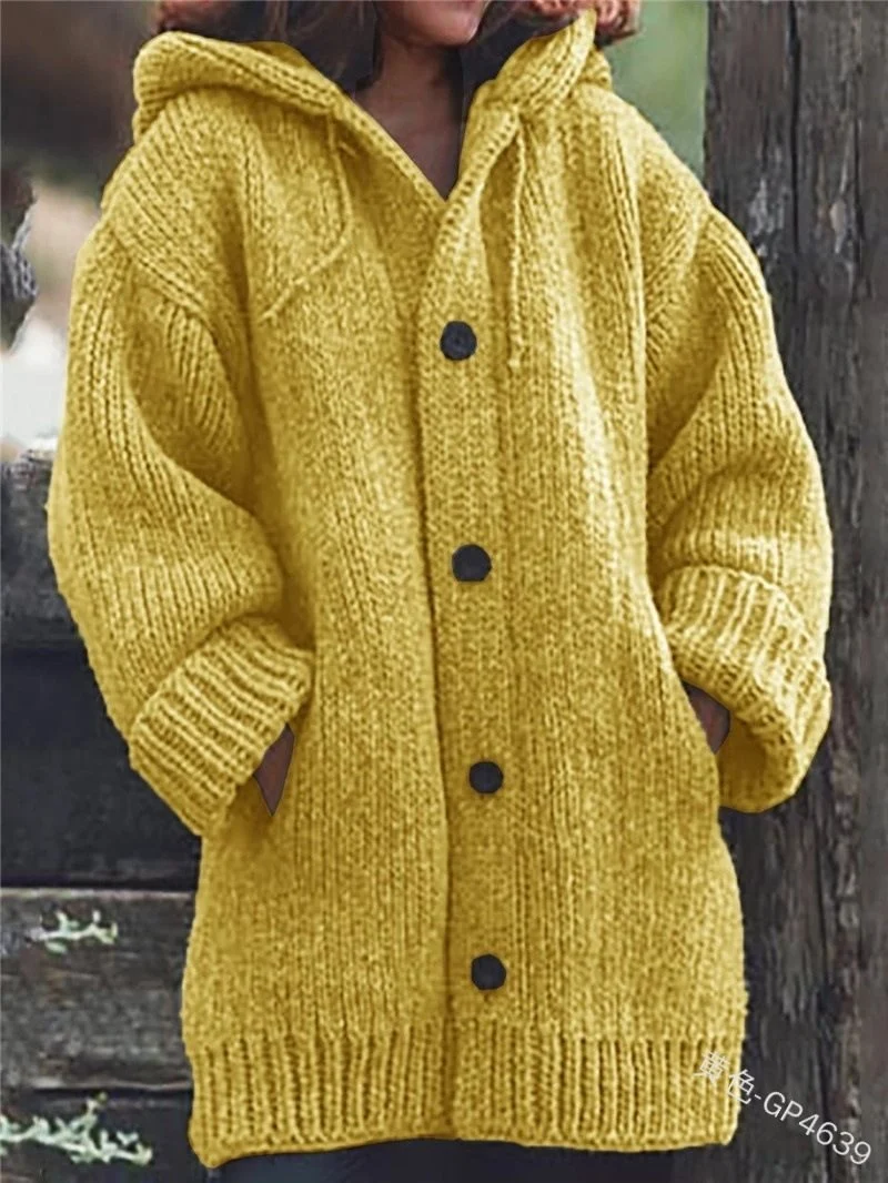 Damen weit geschnittener Kapuzen-Strickmantel mit Knopfleiste und Eingrifftaschen Nord Taschen