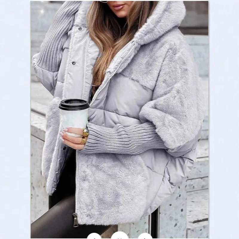 Damen Wattierter Oversize-Parka mit Kunstfellbesatz, Kapuze und Rippbündchen Nord Taschen