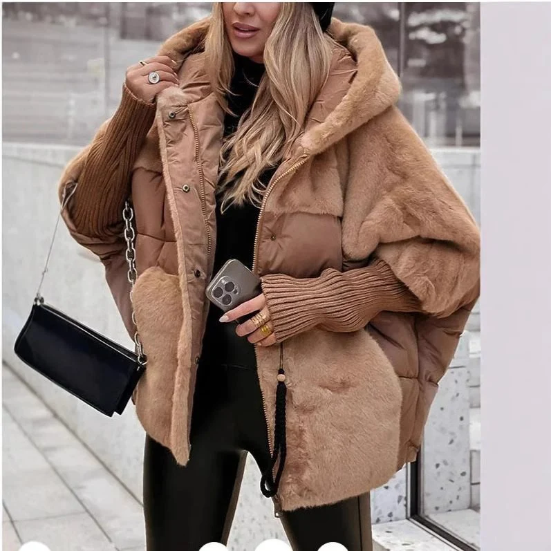 Damen Wattierter Oversize-Parka mit Kunstfellbesatz, Kapuze und Rippbündchen Nord Taschen
