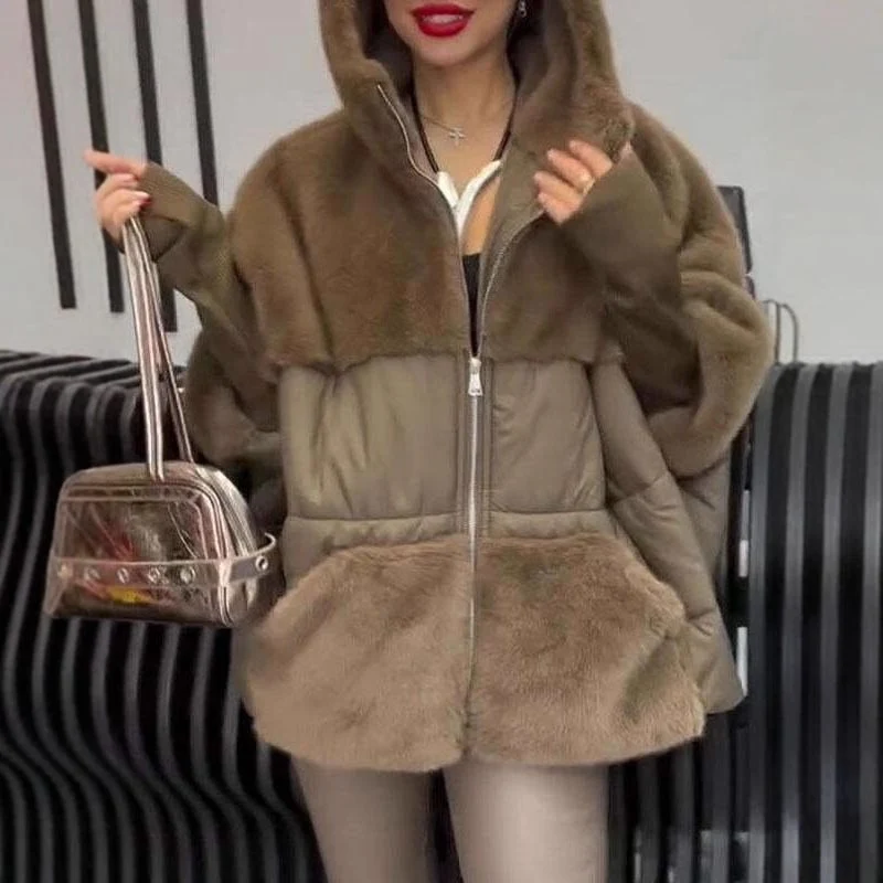 Damen Wattierter Oversize-Parka mit Kunstfellbesatz, Kapuze und Rippbündchen Nord Taschen