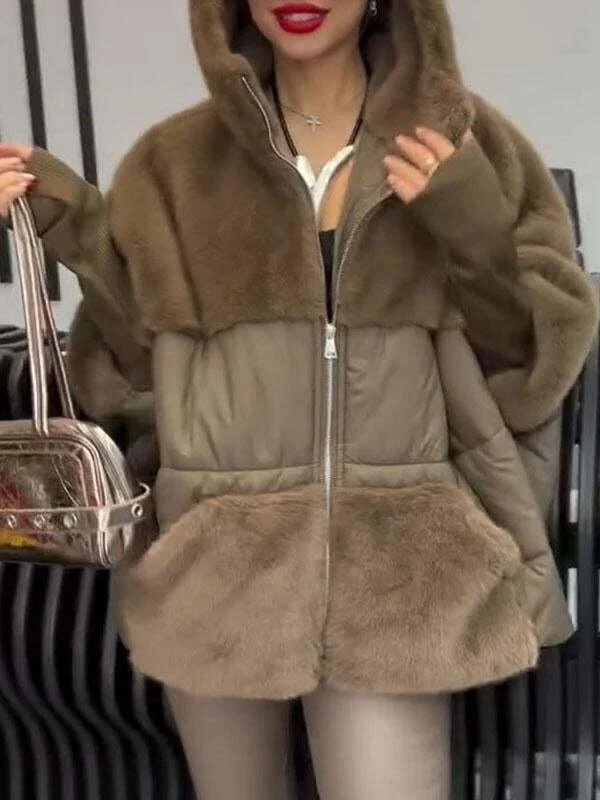 Damen Wattierter Oversize-Parka mit Kunstfellbesatz, Kapuze und Rippbündchen Nord Taschen