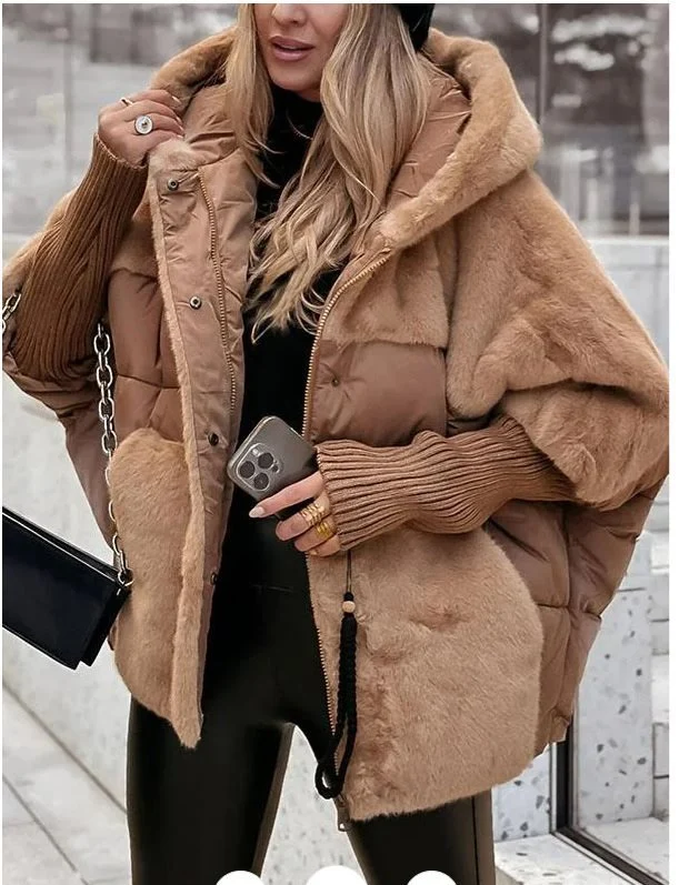 Damen Wattierter Oversize-Parka mit Kunstfellbesatz, Kapuze und Rippbündchen Nord Taschen