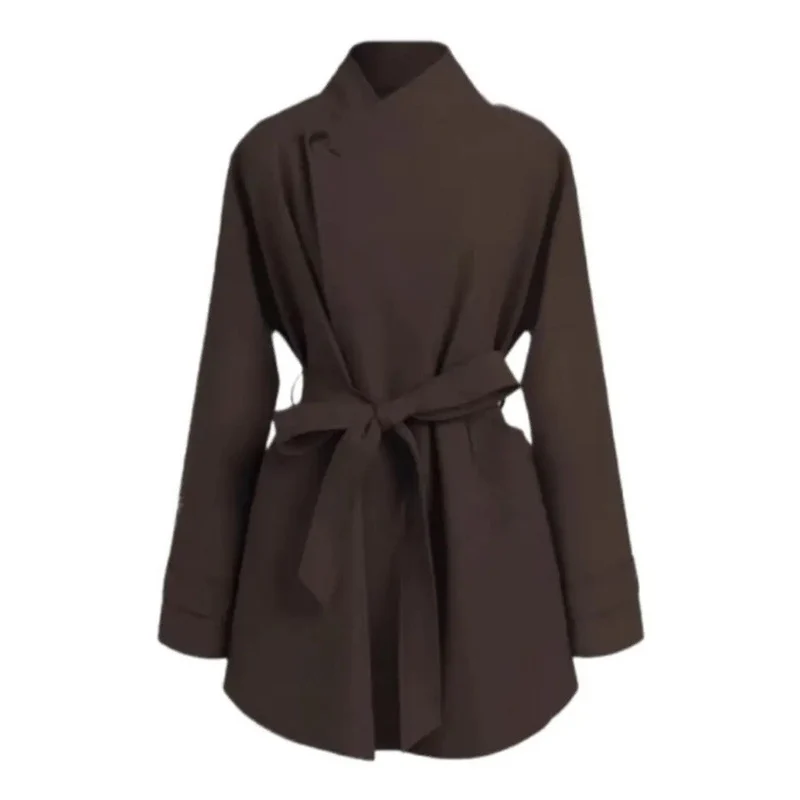 Damen Oversized Wickelbluse mit Stehkragen und Bindegürtel Nord Taschen