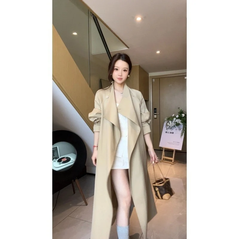 Damen Oversized Trenchcoat mit Taillengürtel Reverskragen und verstellbaren Manschetten Nord Taschen