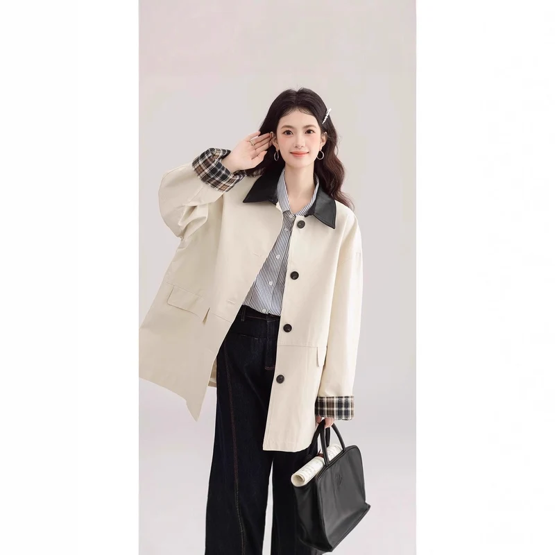 Damen Oversized Trenchcoat mit Kontrastkragen und Karo-Futter Nord Taschen